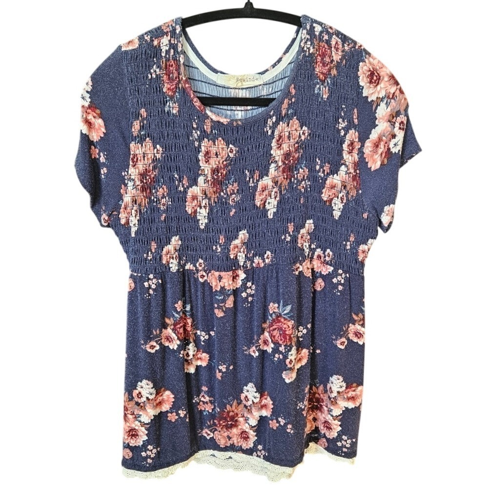 Rewind Floral Smocked Babydoll Top Womens L Blue Lace Trim Cottagecore Boho